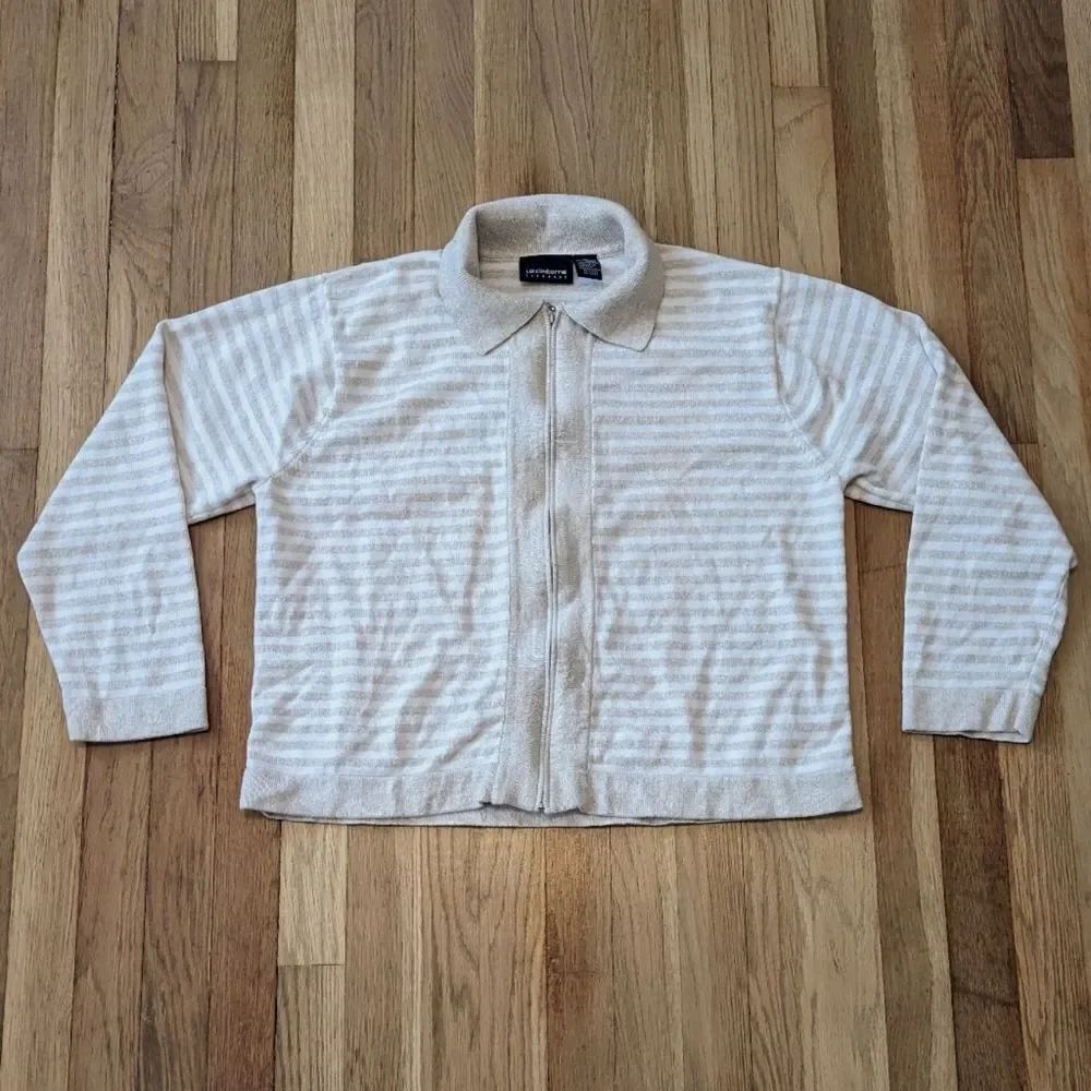 Liz Claiborne Tan and White striped zip up cardigan sweater